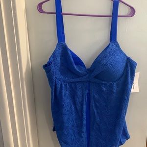 Bright blue crocheted tankini top with underlined molded cups